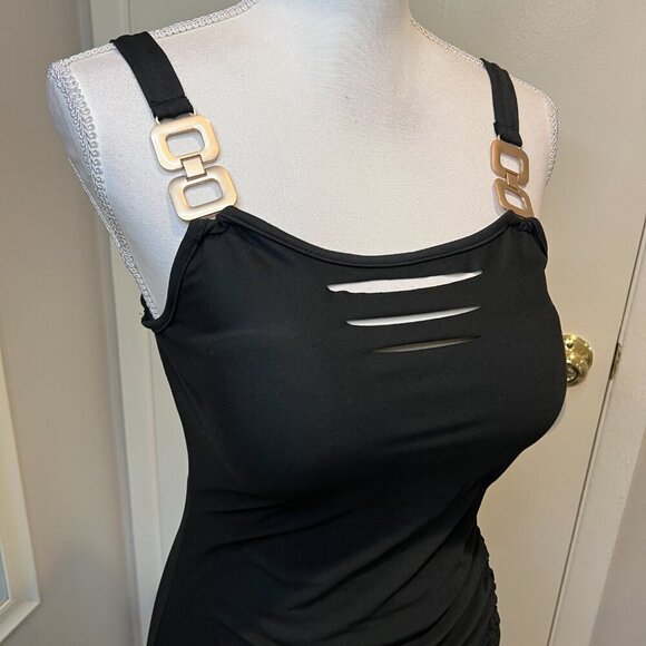 Chic Me Black Ladder cutout Slit Gold Buckle Ruched bodycon Dress, Size Medium - Picture 6 of 16